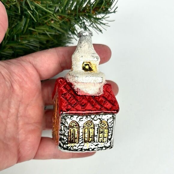 Vintage West Germany Blown Mercury Glass House Church Village Christmas Ornament - Picture 1 of 10
